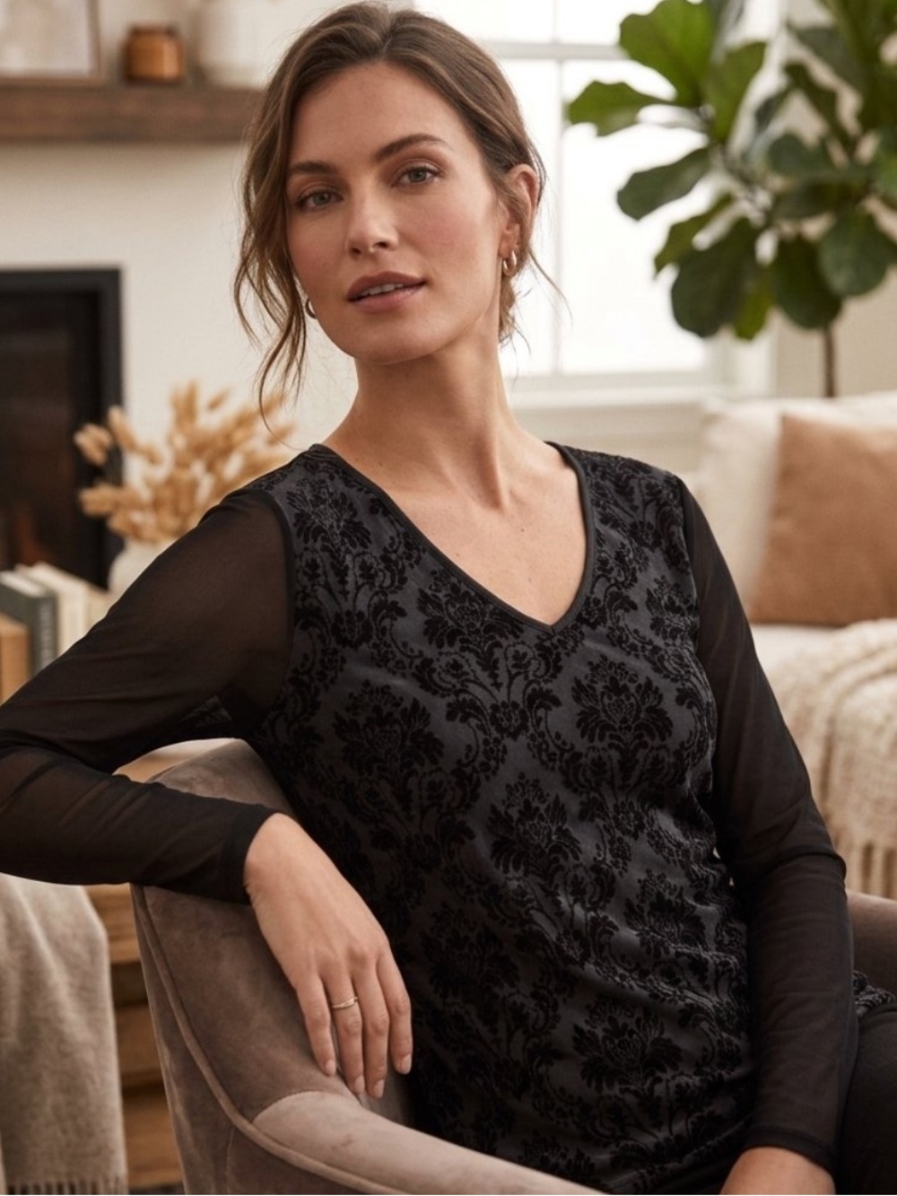Nine & Co. Edgy Black Velvet Damask V-Neck Top Mesh Sleeves and Solid Back